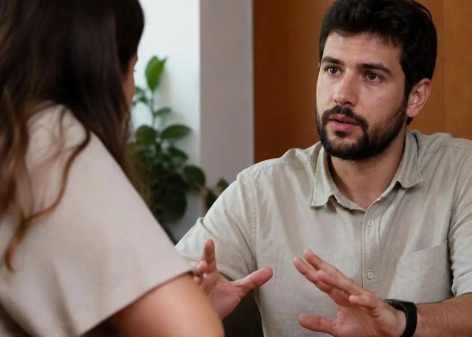 Duas pessoas frente a frente na mesa: uma sustenta a fala, a outra anota o que ouviu