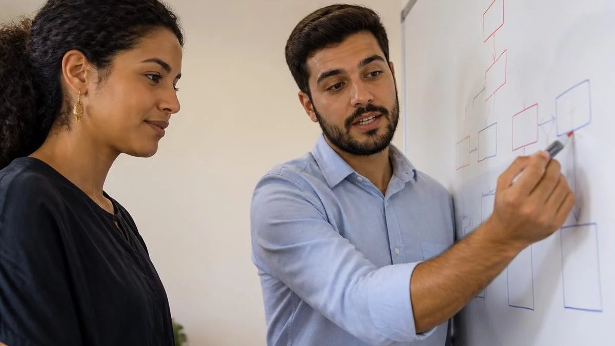 Duas participantes de pé diante do quadro branco, montando um argumento a caneta